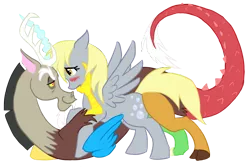 Size: 1000x666 | Tagged: suggestive, artist:bux, derpibooru import, derpy hooves, discord, pegasus, pony, blushing, crack shipping, derpcord, female, interspecies, male, mare, shipping, straight