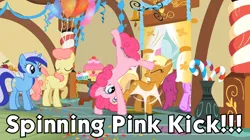 Size: 960x539 | Tagged: apple cobbler, apple family member, berry punch, berryshine, caption, derpibooru import, eyes closed, gala appleby, handstand, image macro, kick, meme, minuette, open mouth, pinkie pie, safe, upside down