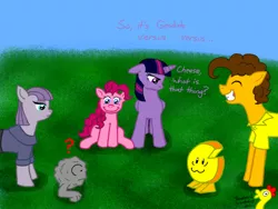 Size: 800x600 | Tagged: safe, artist:crazynutbob, derpibooru import, boneless, boneless 2, cheese sandwich, maud pie, pinkie pie, twilight sparkle, twilight sparkle (alicorn), alicorn, earth pony, geodude, pony, :3, c:, cheese, cheese wheel, confused, dialogue, eyes closed, female, fight, floppy ears, frown, grin, lidded eyes, male, mare, outdoors, pokémon, pokémon battle, question mark, smiling, squee, stallion, text, wat, wide eyes