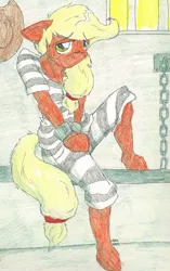 Size: 1024x1632 | Tagged: anthro, applejack, arm hooves, artist:spark-theory, chains, clothes, cuffs, derpibooru import, freckles, piercing, prison, prisoner, prison outfit, sad, safe, solo, traditional art
