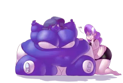 Size: 1280x866 | Tagged: artist:secretgoombaman12345, ass, bbw, big breasts, bluebarity, blueberry, blueberry inflation, breasts, busty rarity, chubby, derpibooru import, diamond tiara, expansion, fat, female, huge breasts, human, humanized, immobile, impossibly large breasts, impossibly large butt, impossibly large everything, impossibly wide hips, inflation, lol, morbidly obese, muffin top, obese, rarity, simple background, ssbbw, suggestive, transparent background, wide hips