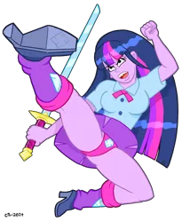 Size: 500x611 | Tagged: suggestive, artist:curtsibling, derpibooru import, twilight sparkle, equestria girls, action pose, breasts, clothes, female, flying kick, glare, high heels, kicking, leg warmers, nazi, open mouth, panties, skirt, solo, solo female, swastika, sword, underwear, upskirt, weapon