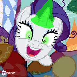 Size: 550x550 | Tagged: safe, derpibooru import, official, screencap, rarity, pony, unicorn, inspiration manifestation, corrupted, cropped, faic, female, glowing horn, green eyes, hub logo, inspirarity, mare, possessed, slasher smile, solo, the hub