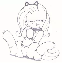 Size: 1280x1292 | Tagged: :3, artist:an-tonio, bell, bell collar, cat ears, catsuit, clothes, collar, cute, derpibooru import, eyes closed, fluttercat, fluttershy, monochrome, safe, shyabetes, sitting, smiling, socks, solo, traditional art