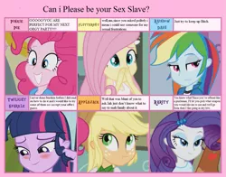 Size: 985x771 | Tagged: suggestive, derpibooru import, applejack, fluttershy, pinkie pie, rainbow dash, rarity, twilight sparkle, equestria girls, 6 pony meme, blushing, engrish, exploitable meme, female, femdom, grammar error, group sex, implied orgy, implied sex, mane six, meme, sex slave, sex toy, strapon, voluntary sex slave