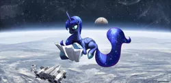 Size: 1800x880 | Tagged: artist:foxi-5, astronaut, derpibooru import, frown, map, planet, princess luna, reading, safe, space, spaceship, spacesuit, twilight sparkle