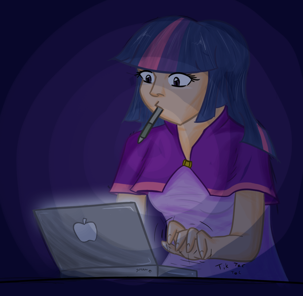 Size: 900x878 | Tagged: artist:go4moo, a twilight landing, computer, derpibooru import, human, humanized, laptop computer, madverse, pen, safe, solo, twilight sparkle