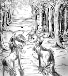 Size: 1024x1152 | Tagged: safe, artist:thejoker239, derpibooru import, big macintosh, fleur-de-lis, earth pony, pony, everfree forest, fanfic art, female, fleurmac, male, monochrome, shipping, stallion, straight, tree