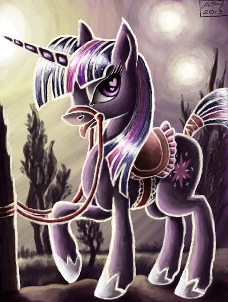 Size: 512x680 | Tagged: suggestive, artist:ioanntulynkin, derpibooru import, twilight sparkle, bedroom eyes, bit gag, bondage, gag, heart, heart eyes, looking at you, post, raised hoof, reins, rope, saddle, solo, tail wrap, tongue out