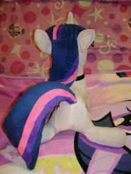 Size: 1536x2048 | Tagged: artist needed, bed, collar, derpibooru import, irl, jin, photo, plushie, presenting, raised tail, suggestive, twilight sparkle