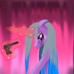 Size: 800x800 | Tagged: semi-grimdark, artist:auroraswirls, derpibooru import, oc, oc:aurora swirls, unofficial characters only, alicorn, pony, abstract background, alicorn oc, crying, female, glowing horn, gun, horn, imminent death, imminent suicide, implied suicide, levitation, magic, makeup, mare, running makeup, solo, telekinesis, weapon