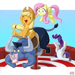 Size: 800x800 | Tagged: safe, artist:uotapo, derpibooru import, applejack, fluttershy, iron will, rarity, ponified, earth pony, object pony, original species, pegasus, pony, faceplant, featureless crotch, female, hat, majestic as fuck, mare, mechanical bull, ouch, riding, rodeo, yeehaw