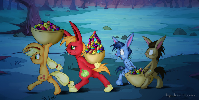 Size: 4419x2228 | Tagged: applejack, artist:jcosneverexisted, big macintosh, blues, bunnified, carrying, cute, derpibooru import, doctor whooves, easter, easter egg, egg, night, noteworthy, rabbit, safe, species swap, time turner, tree