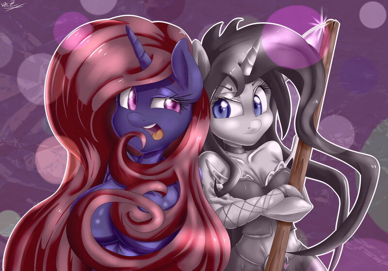 Size: 1024x717 | Tagged: suggestive, artist:wazzart, derpibooru import, oc, oc:maneia, oc:nocturna, unofficial characters only, anthro, unicorn, breasts, choker, female, nudity, obsession is magic, scythe