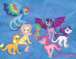 Size: 3202x2496 | Tagged: applejack, artist:white-tigress-12158, blue background, colored wings, derpibooru import, dragon, dragonified, dragonjack, flutterdragon, fluttershy, mane seven, mane six, multicolored wings, pinkiedragon, pinkie pie, pronking, rainbow dash, rainbow dragon, rainbow wings, raridragon, rarity, safe, simple background, species swap, spike, twilidragon, twilight sparkle, twilight sparkle (alicorn)