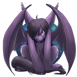 Size: 2000x2000 | Tagged: safe, artist:pixel-prism, derpibooru import, oc, oc:wallflower, unofficial characters only, bat pony, pony, collar, fangs, female, frown, hair over one eye, impossibly large ears, long mane, long tail, looking at you, neighvada nights, shy, sitting, solo, spread wings, unshorn fetlocks