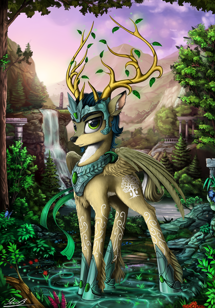 Size: 1750x2500 | Tagged: artist:yakovlev-vad, branches for antlers, chest fluff, crown, deer, derpibooru import, detailed, eikerren, flower, hoof shoes, leaf, leg fluff, mountain, necklace, oc, oc:prince vernalis, original species, peryton, ruins, safe, scenery, solo, unofficial characters only, waterfall, wings