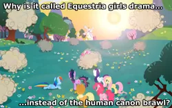 Size: 855x536 | Tagged: applejack, ball of violence, caption, carrot top, cherry berry, daisy, derpibooru import, drama, drama bait, edit, edited screencap, equestria girls drama, fight, flower wishes, fluttershy, golden harvest, image macro, lesson zero, mane six, meme, meta, minuette, pinkie pie, pun, rainbow dash, rarity, safe, screencap, smarty pants, text, twilight sparkle