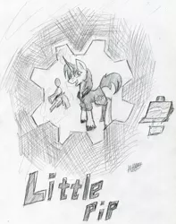 Size: 2313x2930 | Tagged: safe, artist:halfaman, derpibooru import, oc, oc:littlepip, unofficial characters only, pony, unicorn, fallout equestria, fanfic, black and white, colored hooves, fanfic art, female, glowing horn, grayscale, gun, handgun, hooves, horn, levitation, little macintosh, magic, mare, monochrome, optical sight, poster, revolver, sketch, solo, teeth, telekinesis, text, traditional art, vault, vault suit, weapon