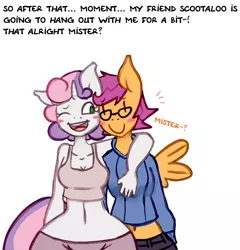 Size: 1280x1334 | Tagged: anthro, artist:somescrub, ask nudist sweetie belle, belly button, blushing, breast grab, breasts, busty sweetie belle, derpibooru import, explicit source, glasses, grope, hug, midriff, older, open mouth, safe, scootaloo, smiling, sweetie belle, wide hips, wink
