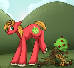 Size: 549x505 | Tagged: safe, artist:mossie55, derpibooru import, applejack, big macintosh, earth pony, pony, applebucking, giant pony, macro, male, really big mac, stallion, titan pony