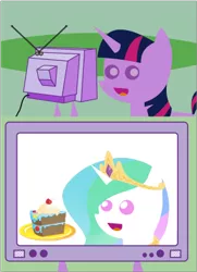 Size: 297x410 | Tagged: safe, derpibooru import, princess celestia, twilight sparkle, cake, exploitable meme, meme, obligatory pony, pointy ponies, tv meme