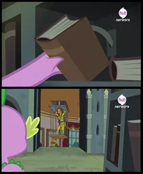 Size: 470x572 | Tagged: book, derpibooru import, exploitable meme, hub logo, inspiration manifestation, meme, parody, safe, screencap, secret door, spike, stripper, the simpsons