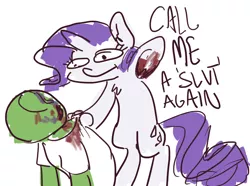 Size: 1280x950 | Tagged: semi-grimdark, artist:nobody, derpibooru import, rarity, oc, oc:anon, human, pony, unicorn, abuse, abusive pony, anonabuse, blood, dialogue, faic, punch, rarislut, slut, vulgar