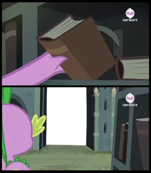 Size: 1314x1499 | Tagged: safe, derpibooru import, spike, inspiration manifestation, book, exploitable meme, hub logo, meme, secret door