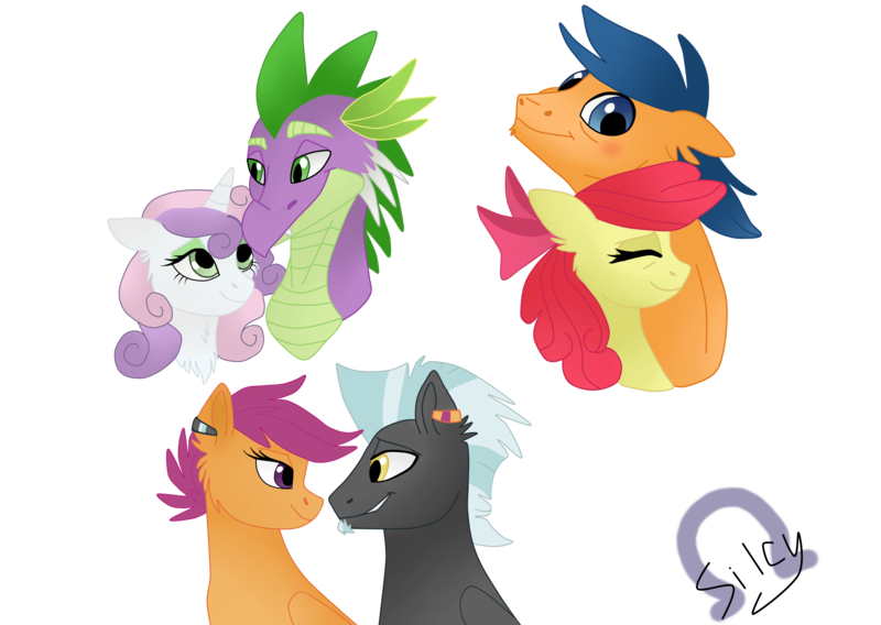 Size: 3504x2488 | Tagged: safe, artist:silcybell, deleted from derpibooru, derpibooru import, apple bloom, first base, scootaloo, spike, sweetie belle, thunderlane, dragon, earth pony, pegasus, pony, unicorn, bloombase, crack shipping, cutie mark crusaders, female, interspecies, male, older, older spike, scootalane, shipping, simple background, spikebelle, straight, transparent background