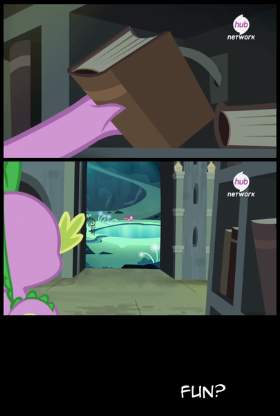 Size: 898x1331 | Tagged: safe, derpibooru import, pinkie pie, spike, inspiration manifestation, book, cave, cave pool, exploitable meme, hub logo, meme, mirror pool, secret door