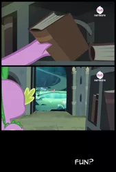 Size: 898x1331 | Tagged: safe, derpibooru import, pinkie pie, spike, inspiration manifestation, book, cave, cave pool, exploitable meme, hub logo, meme, mirror pool, secret door