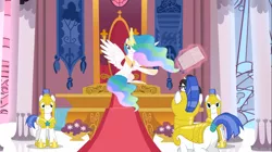 Size: 1365x767 | Tagged: safe, derpibooru import, screencap, princess celestia, raven, alicorn, pegasus, pony, unicorn, the crystal empire, canterlot throne room, ethereal mane, female, magic, male, mare, royal guard, stallion, tail wrap, telekinesis, throne room