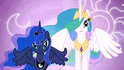 Size: 1365x768 | Tagged: safe, derpibooru import, screencap, princess celestia, princess luna, the crystal empire, duo