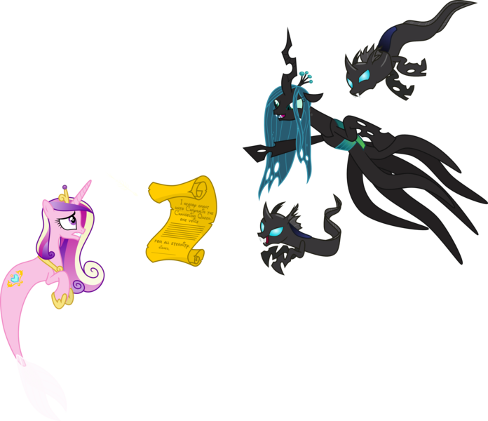 Size: 3492x3012 | Tagged: ariel, artist:kaylathehedgehog, cecaelia, changeling, derpibooru import, mermaid, merpony, octopus, parody, princess cadance, queen chrysalis, safe, scroll, simple background, the little mermaid, transparent background, ursula, vector