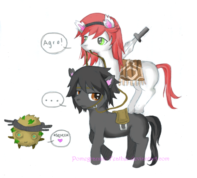 Size: 720x649 | Tagged: ..., :3, agro, artist:pomegranate-feather, bridle, crossover, derpibooru import, frown, heart, mouth hold, ponies riding ponies, raised hoof, reins, riding, saddle, safe, shadow of the colossus, squee, sword, unamused, weapon