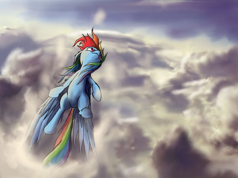 Size: 1600x1200 | Tagged: safe, artist:greyscaleart, derpibooru import, rainbow dash, pegasus, pony, cloud, cloudy, flying, solo