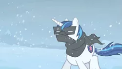 Size: 1365x768 | Tagged: safe, derpibooru import, screencap, shining armor, the crystal empire, clothes, scarf, snow, snowfall, snow goggles, solo