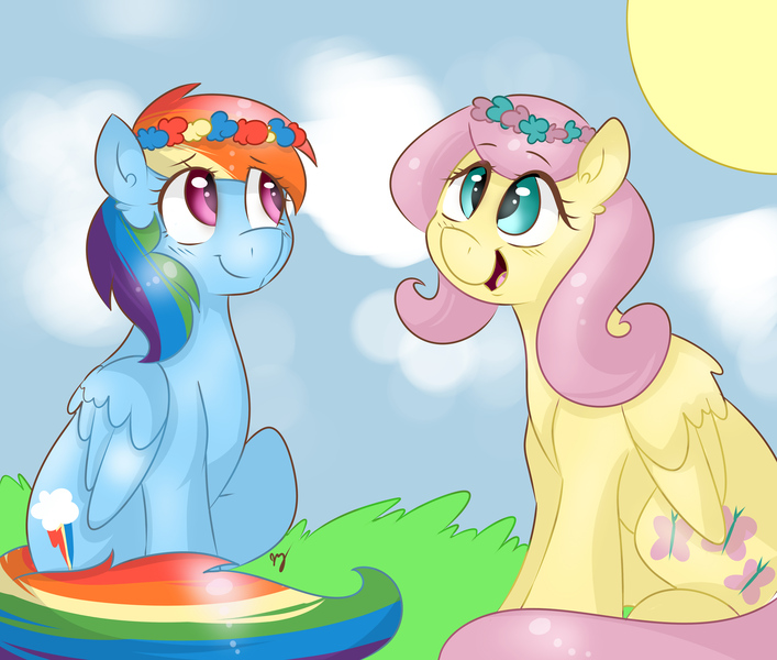 Size: 5609x4763 | Tagged: absurd resolution, artist:bloodyhellhayden, cute, dead source, derpibooru import, duo, floral head wreath, fluttershy, rainbow dash, safe, smiling, sun