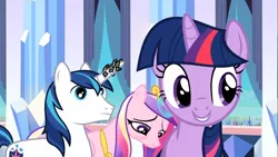 Size: 1366x768 | Tagged: crystal empire, derpibooru import, frown, glowing horn, grin, horn, horn crystals, magic, magic suppression, princess cadance, sad, safe, screencap, shining armor, smiling, the crystal empire, tired, twilight sparkle, vacant expression, wat, wide eyes