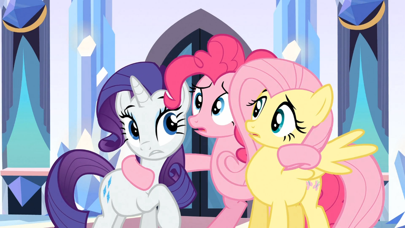 Size: 1365x768 | Tagged: safe, derpibooru import, screencap, fluttershy, pinkie pie, rarity, the crystal empire