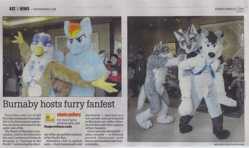 Size: 1024x611 | Tagged: safe, artist:neouka, artist:spainfischer, derpibooru import, gilda, rainbow dash, gryphon, canada, cosplay, furry, fursuit, irl, news, newspaper, photo, sydneyroo(coser), vancouver