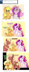 Size: 1055x2640 | Tagged: safe, artist:ende26, artist:koportable, derpibooru import, applejack, big macintosh, princess cadance, earth pony, pony, ask applejack, ask high school cadance, age regression, applejackasks, ask, caught, dialogue, glasses, high school cadance, male, stallion, tumblr, tumblr crossover, younger