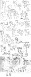 Size: 900x2230 | Tagged: safe, artist:ackryllis, derpibooru import, alula, apple bloom, cloudchaser, daisy, flitter, flower wishes, granny smith, lily, lily valley, pluto, princess celestia, princess erroria, princess luna, royal ribbon, scootaloo, spike, sweetie belle, thunderlane, twilight sparkle, twinkleshine, pony, 4chan, cutie mark crusaders, monochrome, sketch dump, traditional art