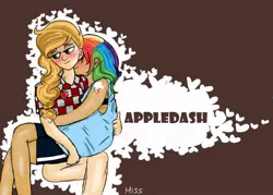 Size: 700x500 | Tagged: safe, artist:misspolycysticovary, derpibooru import, applejack, rainbow dash, human, appledash, female, heart, hug, humanized, lesbian, shipping