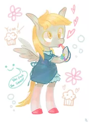 Size: 600x830 | Tagged: safe, artist:sitting-on-tear, derpibooru import, derpy hooves, pony, bipedal, clothes, dress, lipstick, makeup, muffin, solo, stockings