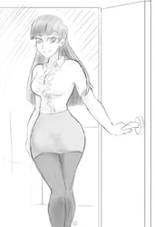 Size: 2407x3524 | Tagged: artist:kinkypinkie, breasts, busty twilight sparkle, clothes, derpibooru import, door, female, human, humanized, monochrome, office, safe, solo, twilight sparkle, wide hips