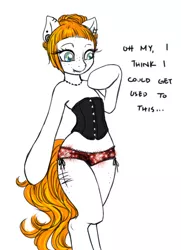 Size: 500x692 | Tagged: suggestive, artist:tt-n, derpibooru import, oc, oc:mt, unofficial characters only, earth pony, semi-anthro, clothes, corset, female, freckles, frilly underwear, gem, mare, panties, piercing, red underwear, simple background, solo, solo female, underwear, white background
