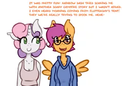 Size: 1280x907 | Tagged: anthro, artist:somescrub, ask nudist sweetie belle, clothes, derpibooru import, explicit source, glasses, hoodie, implied flutterdash, older, safe, scootaloo, sweetie belle