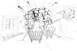 Size: 1024x675 | Tagged: apple bloom, artist:ravetuba, cutie mark crusaders, derpibooru import, explosion, monochrome, pillaging, safe, scootaloo, shopping cart, sign, sweetie belle, traditional art